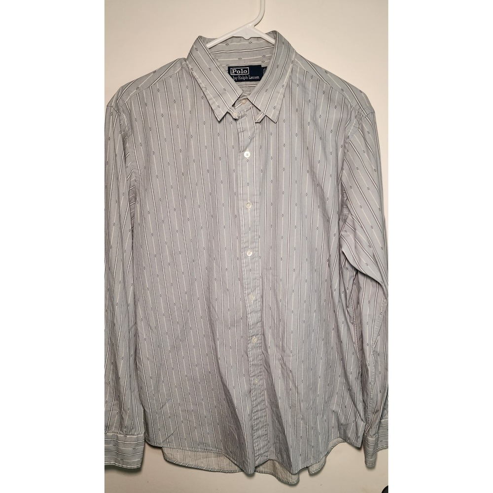 Polo Ralph Lauren Mens Large Blue White Striped Geometric Cotton Button Up Shirt